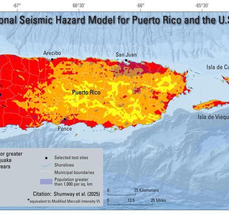 2025 USGS National Seismic Hazard Model for Puerto Rico and U.S. Virgin Islands Chance of Damaging Shaking Map