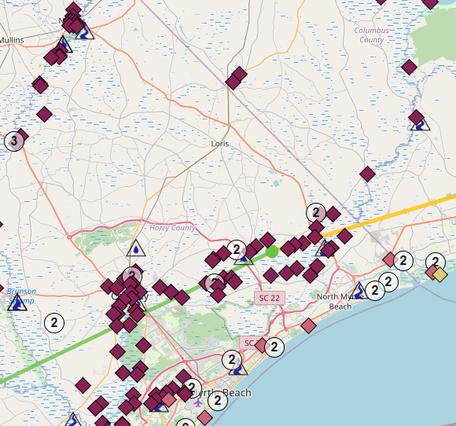 Screenshot showing a variety of data collection locations along the South Carolina coast during Hurricane Florence.