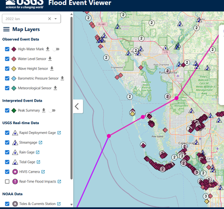 Screenshot showing a variety of data collection locations, including a streamgage hydrograph, during Hurricane Ian