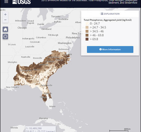 Screenshot of modeled 2012 total phosphorus by watershed in the Southeast U.S.