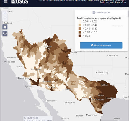 Screenshot of modeled 2012 total phosphorus by watershed in the Southwest U.S.