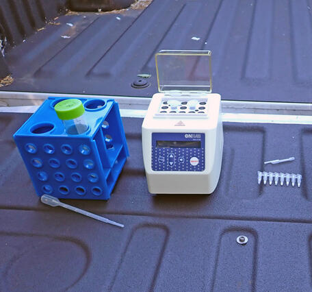 several pieces of a portable DNA rapid test kit placed on the lowered tailgate of a pickup truck
