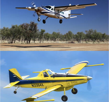 Two propeller planes in flight with metal sensor booms extending.