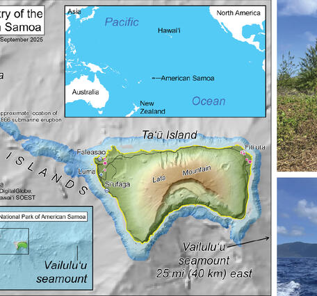 Color graphic with map on left side and two stacked photographs on the right
