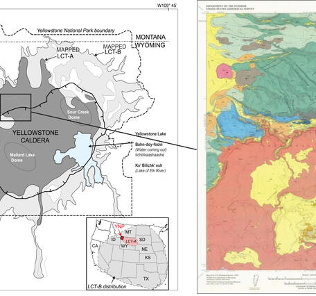 Map showing zoom of geology in area of Madison Junction, Yellowstone NP, with red star indicating outcrop location