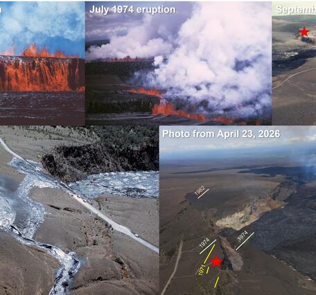 Color collage of five images of different eruptions or lava flow deposits