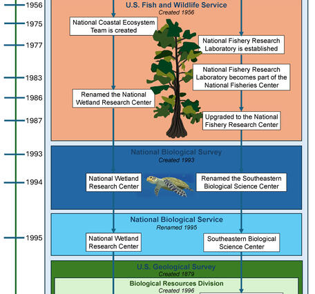 A vertical timeline tracking the history of the USGS Wetland and Aquatic Research Center