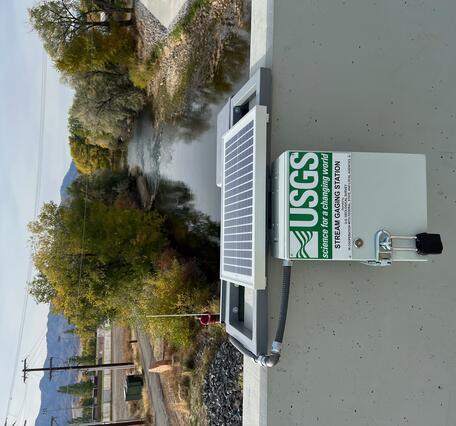 Completed gaging station with Weber River in background.