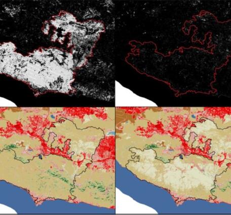 Four separate graphics of the Woolsey Fire depicting the fire in Annual NLCD products.