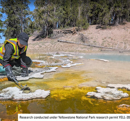 person wearing safety vest and rubber bots and gloves at the edge of a colorful hot spring scraping a bacteria sample