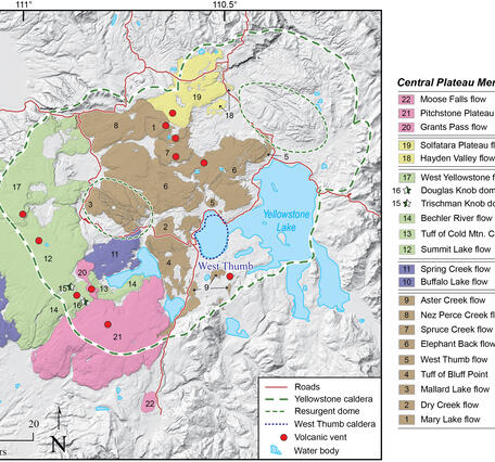 Map of Yellowstone caldera showing the locations and ages of the most recent rhyolite eruptions at Yellowstone, the Central Plateau Member rhyolites