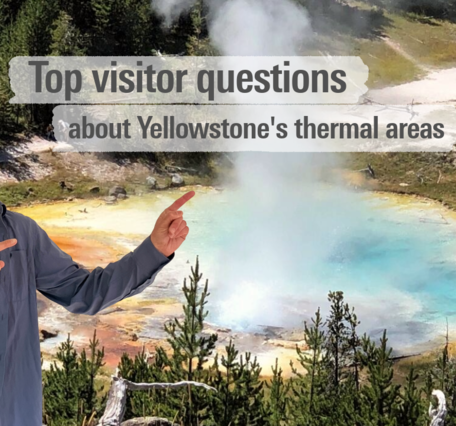 Smiling man in blue shirt pointing at rainbow-colored hot spring with text "Top Visitor Questions"