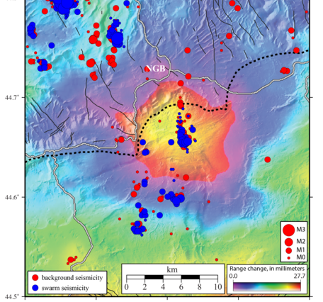 Map of Yellowstone caldera's north rim showing uplift and earthquakes located right in the center of the uplift