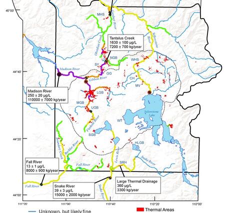 Yellowstone National Park map with colors indicating high arsenic in rivers near major geyser basins