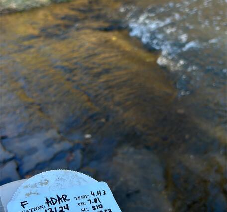 Water quality sample collected at Adair Creek streamgage with flowing water in the background