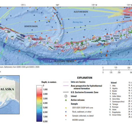 A map showing active volcanoes along the Aleutian Arc
