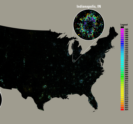 A map of the United States with a black background and colorful spots scattered throughout, 2 zoomed in areas and a legend