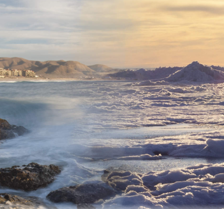 three coastal photos showing ocean, sky, and shoreline all blended together