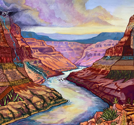 Gouache painting is a generalized schematic view through the Grand Canyon with the Colorado River in the center