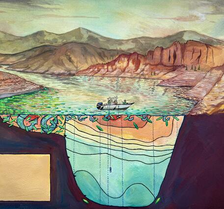 Gouache painting depicting the Blue Mesa Reservoir during a year of low precipitation totals