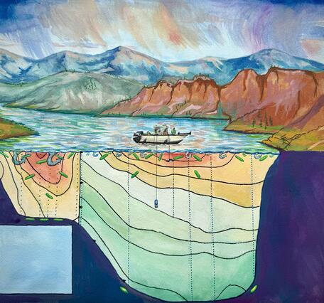 Gouache painting depicting the Blue Mesa Reservoir during a year with relatively greater levels of precipitation