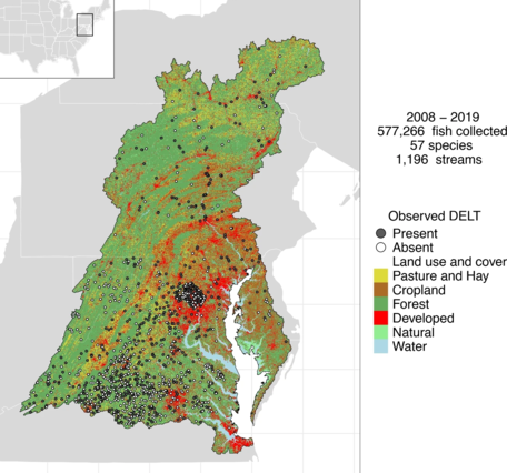 Map of six colors depicting environment type and dots representing observations of DELT