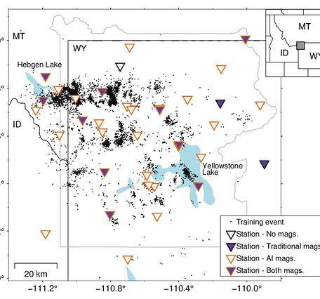 Map of Yellowstone region with triangles, most of which indicate stations used to calculate AI magnitudes