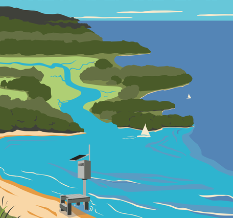 Vintage-style poster of Chesapeake Bay with a USGS gage and blue crab on the shoreline in the foreground and estuaries feeding the bay the background.