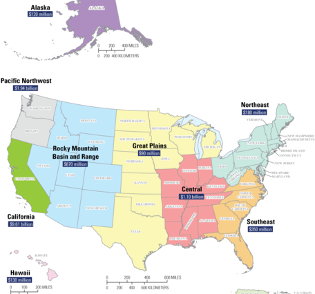 Map of the United States and its territories showing the distribution of average annualized earthquake losses by region (modified from Jaiswal and others, 2023). Economic losses from earthquakes in these nine regions are estimated to average $14.7 billion dollars per year.