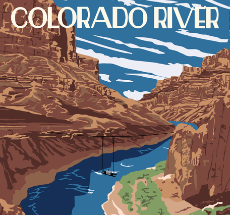 Vintage-style poster of the Colorado River with a USGS water quality monitor portrayed on pulleys across the canyon. 