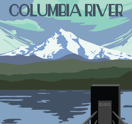 Vintage-style poster of the Columbia River flowing alongside Mount Hood with a USGS streamgage featured in the foreground.