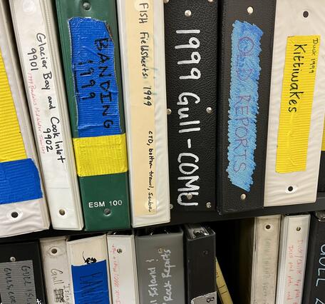 Black and white three-ring binders with content labels.