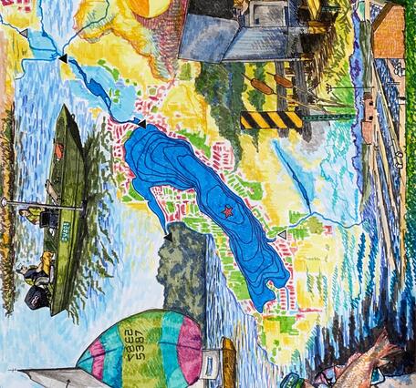 Illustration (ink) depicting Delavan Lake and its dynamic water quality response to watershed changes