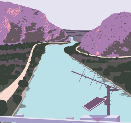  Vintage-style poster of the Delaware River near the Delaware Water Gap with a USGS gage on the bridge in the foreground.