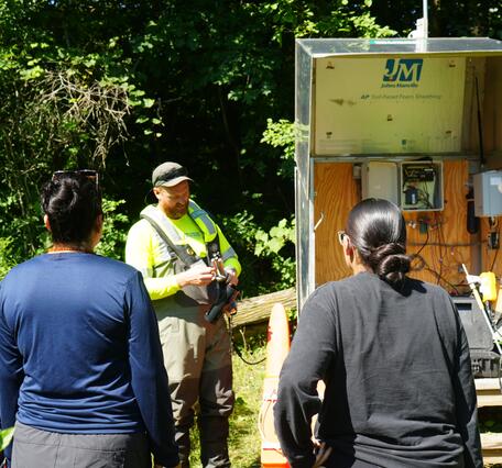 Hydrologic technician explains water quality sonde to staff and students while standing next to open streamgage housing