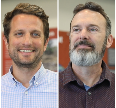 Mugshots of two men indoors