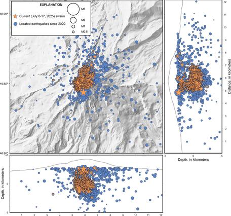 shaded relief map with July 8-17, 2025, earthquakes in orange beneath summit of Rainier