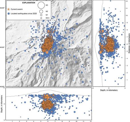 shaded relief map with July 8 - August 12, 2025, earthquakes in orange beneath summit of Rainier