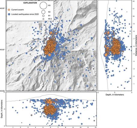 shaded relief map with July 8 - August 25, 2025, earthquakes in orange beneath summit of Rainier