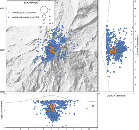 shaded relief map with July 8, 2025, earthquakes in orange beneath summit of Rainier
