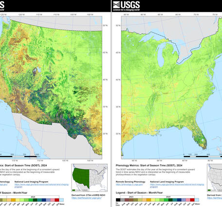 Western and Eastern region eVIIRS Remote Sensing Phenology Start of Season for 2024.