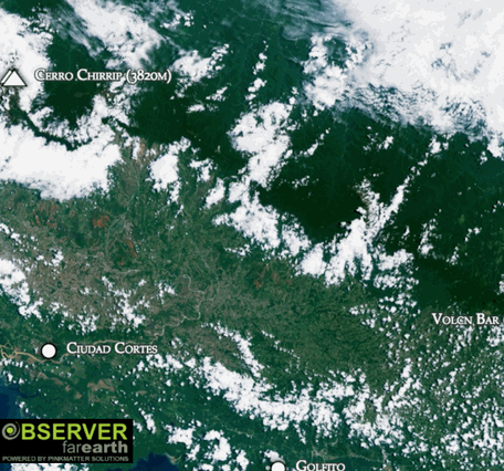 Animated image of satellite feed capturing flyover of land and water