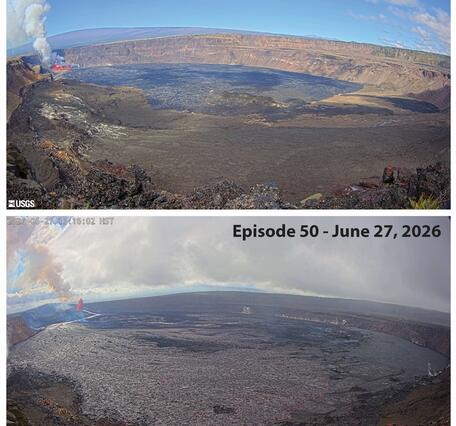 Color photographs of eruption with crater at summit of volcano