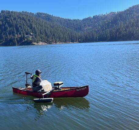 USGS hydrologist on Fernan Lake in a canoe sampling the water