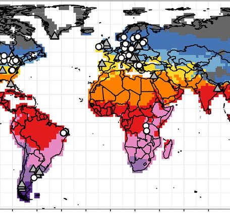 Map of locations of 311 waterbodies in the ZIG dataset across global thermal regions.