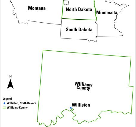 A map of the borders of several states above a map of the border of Williams County, North Dakota, with Williston marked
