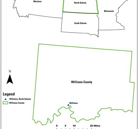 A map of the borders of several states above a map of the border of Williams County, North Dakota, with Williston marked