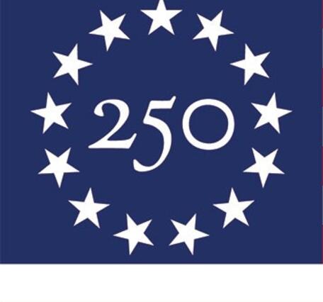 American Flag with the number 250 circled by stars