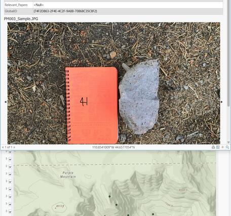 Database entry at top, photo of field book and gray rock in middle, and topographic map with locations noted at bottom