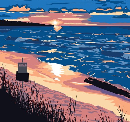 Vintage-style poster of a Great Lake during sunset with a USGS streamgage in the foreground on the shore.